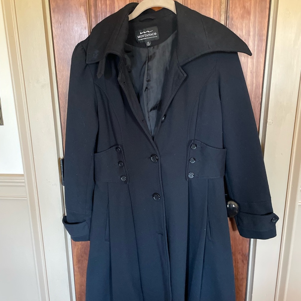WAHMAKER Black Vintage Look Coat Wool & Lined Mid Length,Pockets Kick Pleats 12